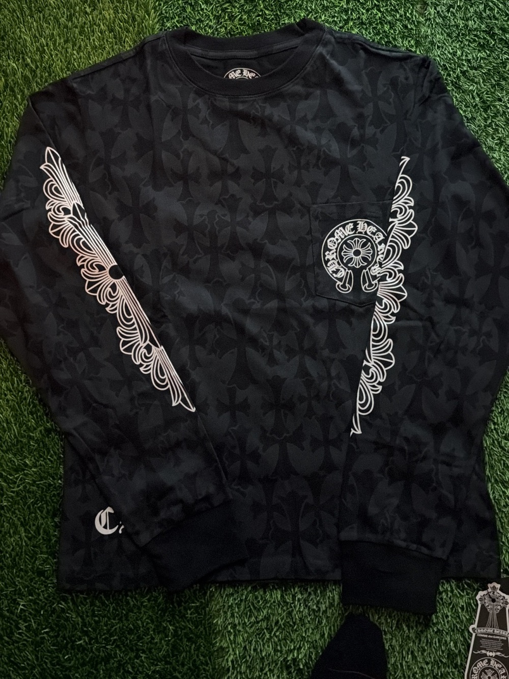 Chrome Hearts Black Crewneck Sweater with White Wing Graphics